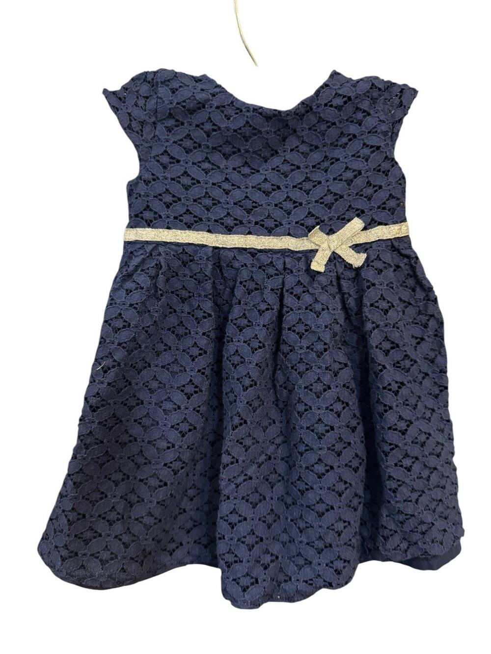Carters Girls Blue Lace Short Sleeve Dress Silver Ribbon Bow Size 9 Months